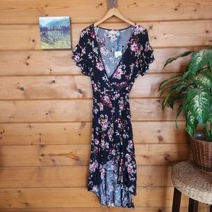 Chelsea Violet 💜 NWT Black Floral Wrap Midi Dress Ruffles Hi Low Midi V Neck XS